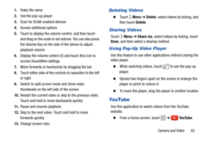 Page 67Camera and Video       62 1.Video file name
2.Use the pop-up player
3.Scan for DLNA-enabled devices
4.Access additional options
5.Touch to display the volume control, and then touch 
and drag on the scale to set volume. You can also press 
the Volume Key on the side of the device to adjust 
playback volume
6.Display the volume control (5) and touch this icon to 
access SoundAlive settings
7.Move forwards or backwards by dragging the bar
8.Touch either side of the controls to reposition to the left 
or...