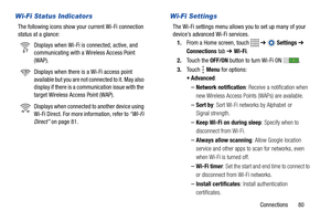 Page 85Connections       80
Wi-Fi Status Indicators
The following icons show your current Wi-Fi connection 
status at a glance:
Wi-Fi Settings
The Wi-Fi settings menu allows you to set up many of your 
device’s advanced Wi-Fi services.
1.From a Home screen, touch   ➔  Settings ➔ 
Connections tab ➔ Wi-Fi.
2.To u c h  t h e  OFF/ON button to turn Wi-Fi ON .
3.To u c h   Menu for options:
:
–Network notification: Receive a notification when 
new Wireless Access Points (WAPs) are available.
–Sort by: Sort Wi-Fi...