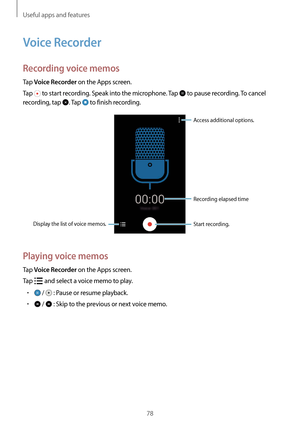 Page 78Useful apps and features
78
Voice Recorder
Recording voice memos
Tap Voice Recorder on the Apps screen.
Tap 
 to start recording. Speak into the microphone. Tap  to pause recording. To cancel 
recording, tap 
. Tap  to finish recording.
Display the list of voice memos. Access additional options.Start recording. Recording elapsed time
Playing voice memos
Tap Voice Recorder on the Apps screen.
Tap 
 and select a voice memo to play.
•	 /  : Pause or resume playback.
•	 /  : Skip to the previous or next...