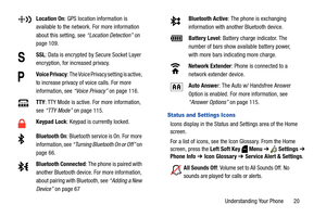 Page 26Understanding Your Phone       20
Status and Settings Icons
Icons display in the Status and Settings area of the Home 
screen.
For a list of icons, see the Icon Glossary. From the Home 
screen, press the Left Soft Key  Menu ➔  Settings ➔ 
Phone Info ➔ Icon Glossary ➔ Service Alert & Settings. Location On: GPS location information is 
available to the network. For more information 
about this setting, see “Location Detection” on 
page 109.
SSL: Data is encrypted by Secure Socket Layer 
encryption, for...