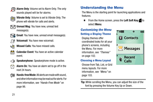 Page 2721
Understanding the Menu
The Menu is the starting point for launching applications and 
features.
  From the Home screen, press the Left Soft Key  to 
select Menu.
Customizing the Menu
Setting a Display Theme
Display themes offer 
coordinated looks for all your 
phone’s screens, including 
the Menu. For more 
information, see “Themes” 
on page 102.
Choosing a Menu Layout
Choose from Tab, List, or Grid 
menu layouts. For more 
information, see “Menu” on 
page 103.
Tip: While scrolling the Menu, you can...