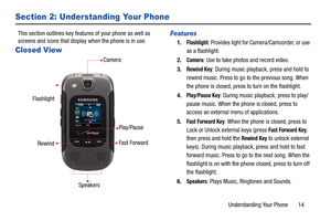 Page 20Understanding Your Phone       14
Section 2: Understanding Your Phone
This section outlines key features of your phone as well as 
screens and icons that display when the phone is in use.
Closed View
Features
1.Flashlight: Provides light for Camera/Camcorder, or use 
as a flashlight.
2.
Camera: Use to take photos and record video.
3.
Rewind Key: During music playback, press and hold to 
rewind music. Press to go to the previous song. When 
the phone is closed, press to turn on the flashlight.
4....
