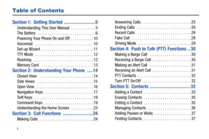 Page 71
Table of Contents
Section 1:  Getting Started ...........................5
Understanding This User Manual  . . . . . . . . . . . . 5
The Battery  . . . . . . . . . . . . . . . . . . . . . . . . . . . . 6
Powering Your Phone On and Off  . . . . . . . . . . . 10
Voicemail   . . . . . . . . . . . . . . . . . . . . . . . . . . . . 10
Set-up Wizard  . . . . . . . . . . . . . . . . . . . . . . . . . 11
TTY Mode   . . . . . . . . . . . . . . . . . . . . . . . . . . . . 12
Roaming  . . . . . . . . . . . . . ....