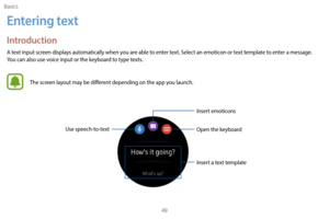 Page 59Basics49
Entering text
Introduction
A text input screen displays automatically when you are able to enter text. Select an emoticon or text template to enter a message.   
You can also use voice input or the keyboard to type texts.
The screen layout may be different depending on the app you launch.
Use speech-to-text Open the keyboard
Insert emoticons
Insert a text template 