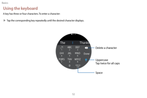 Page 62Basics52
Using the keyboard
A key has three or four characters. To enter a character:
 XT

ap the corresponding key repeatedly until the desired character displays.
Delete a character
Uppercase 
Tap twice for all caps
Space 