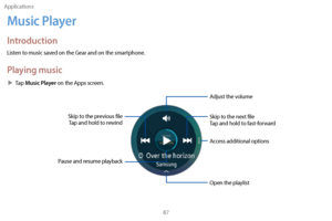 Page 97Applications87
Music Player
Introduction
Listen to music saved on the Gear and on the smartphone.
Playing music
 XTap Music Player on the Apps screen.
Skip to the next file
Tap and hold to fast-forward
Adjust the volume
Open the playlist
Skip to the previous file 
Tap and hold to rewind
Access additional options
Pause and resume playback 