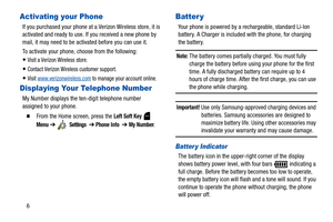 Page 116
Activating your Phone
If you purchased your phone at a Verizon Wireless store, it is 
activated and ready to use. If you received a new phone by 
mail, it may need to be activated before you can use it.
To activate your phone, choose from the following:
Visit a Verizon Wireless store.
Contact Verizon Wireless customer support.
Visit www.verizonwireless.com to manage your account online.
Displaying Your Telephone Number
My Number displays the ten-digit telephone number 
assigned to your phone.
  From...