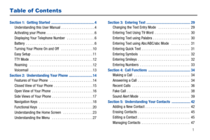 Page 6       1
Table of Contents
Section 1:  Getting Started  .............................................. 4
Understanding this User Manual  . . . . . . . . . . . . . . . . . . 4
Activating your Phone . . . . . . . . . . . . . . . . . . . . . . . . . . 6
Displaying Your Telephone Number   . . . . . . . . . . . . . . . 6
Battery  . . . . . . . . . . . . . . . . . . . . . . . . . . . . . . . . . . . . . 6
Turning Your Phone On and Off   . . . . . . . . . . . . . . . . . 10
Easy Setup  . . . . . . . . . . . . ....