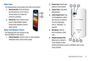 Page 17Understanding Your Device       13
Side View
The following items can be found on the side of your device.
1.Power/Lock Key: Press and hold to 
turn the device on or off. Press to 
lock the device or to wake the 
screen for unlocking.
2.Volume Key: From a Home screen, 
press to adjust Master Volume. 
During music playback, press
 to 
adjust volume.
Back and Bottom Views
The following items can be found on the 
back and bottom of your device.
1.External Speakers: Used for music or video playback,...