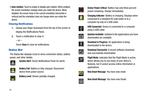 Page 2218
Auto rotation: Touch to enable or disable auto rotation. When enabled, 
the screen orientation changes when you rotate the device. When 
disabled, the screen locks in the current orientation (horizontal or 
vertical) and the orientation does not change when you rotate the 
device.
Clearing Notifications
1.Sweep your finger downward from the top of the screen to 
display the Notifications Panel.
2.Touch a notification to clear it.
– or –
Touch Clear to clear all notifications.
Status Bar
The Status Bar...
