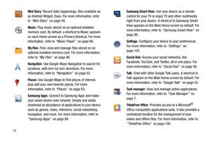 Page 3026
Mini Diary: Record daily happenings. Also available as 
an Android Widget, Days. For more information, refer 
to “Mini Diary”  on page 95.
Music: Play music stored on an optional installed 
memory card. By default, a shortcut to Music appears 
on each Home screen as a Primary Shortcut. For more 
information, refer to “Music Player”  on page 66.
My files: Find, view and manage files stored on an 
optional installed memory card. For more information, 
refer to “My Files”  on page 96.
Navigation: Use...