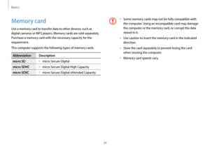 Page 24Basics
24
•	Some memory cards may not be fully compatible with 
the computer. Using an incompatible card may damage 
the computer or the memory card, or corrupt the data 
stored in it.
•	Use caution to insert the memory card in the indicated 
direction.
•	Store the card separately to prevent losing the card 
when moving the computer.
•	Memory card speeds vary.
Memory card
Use a memory card to transfer data to other devices, such as 
digital cameras or MP3 players. Memory cards are sold separately....