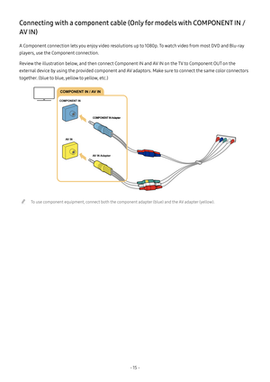 Page 20- 15  -
Connecting with a component cable (Only for models with COMPONENT IN / 
AV IN)
A Component connection lets you enjoy video resolutions up to 1080p. To watch video from most DVD and Blu-ray 
players, use the Component connection.
Review the illustration below, and then connect Component IN and AV IN on the TV to Component OUT on the 
external device by using the provided component and AV adaptors. Make sure to connect the same color connectors 
together. (blue to blue, yellow to yellow, etc.)...