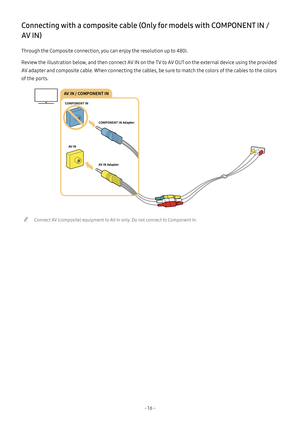 Page 21- 16  -
Connecting with a composite cable (Only for models with COMPONENT IN / 
AV IN)
Through the Composite connection, you can enjoy the resolution up to 480i.
Review the illustration below, and then connect AV IN on the TV to AV OUT on the external device using the provided 
AV adapter and composite cable. When connecting the cables, be sure to match the colors of the cables to the colors 
of the ports.
AV IN / COMPONENT IN
COMPONENT INCOMPONENT IN Adapter
AV IN Adapter
AV IN
 "Connect AV...