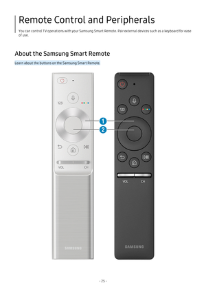 Page 30- 25 -
Remote Control and Peripherals
You can control TV operations with your Samsung Smart Remote. Pair external devices such as a keyboard for ease 
of use.
About the Samsung Smart Remote
Learn about the buttons on the Samsung Smart Remote. 