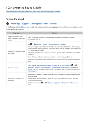 Page 91- 86 -
I Can't Hear the Sound Clearly
When the TV has difficulties with sound, these steps may help resolve the problem.
Testing the sound
   Settings  Support  Self Diagnosis  Start Sound Test
If the TV plays the Start Sound Test melody without distortion, there may be a problem with an external device or the 
broadcast signal's strength.
The problemTry this!
There is no sound or the 
sound is too low at maximum 
volume.
Check the volume control of the device (cable or satellite box, DVD,...