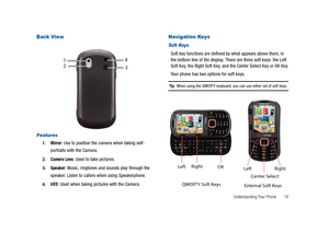 Page 24Understanding Your Phone       19
Back View
Features
1.Mirror: Use to position the camera when taking self-
portraits with the Camera.
2.Camera Lens: Used to take pictures.
3.Speaker: Music, ringtones and sounds play through the 
speaker. Listen to callers when using Speakerphone.
4.IrED: Used when taking pictures with the Camera.
Navigation Keys
Soft Keys
Soft key functions are defined by what appears above them, in 
the bottom line of the display. There are three soft keys: the Left 
Soft Key, the...