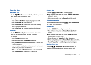 Page 26Understanding Your Phone       21
Function Keys
End/Power Key
Use the   End/Power Key to end calls, to turn the phone on 
or off, and to return to a previous menu.
For example:
Press and hold the End/Power Key to turn your phone on or off.
Press the End/Power Key to disconnect a call.
Press the End/Power Key to return to the home screen from any 
menu, or to cancel the last input.
Press the End/Power Key to send an incoming call to Voicemail.
Send Key
Use the    Send Key to answer calls, dial calls, and...