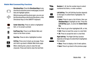 Page 104Mobile Web       99
Mobile Web Command Key Functions
Directional Keys: Press the Directional Keys in any 
direction to move the cursor on web pages, to scroll 
lists and highlight options.
While browsing with the phone open, you can use 
the Directional Key on the fr ont of the phone, or the 
Directional Keys on the QWERTY keyboard.
Center Select Key: Press to select a highlighted 
item, or to accept a prompt.
End/Power Key: Press to exit Mobile Web and 
return to the Home screen.
Send Key: Press to dial...