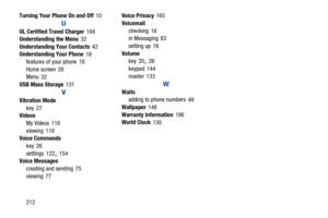 Page 217212
Turning Your Phone On and Off
 10
U
UL Certified Travel Charger 184
Understanding the Menu
 32
Understanding Your Contacts
 42
Understanding Your Phone 18
features of your phone
 18
Home screen
 28
Menu 32
USB Mass Storage
 131
V
Vibration Mode key
 27
Videos
My Videos
 118
viewing
 119
Voice Commands
key
 26
settings
 122, 154
Voice Messages
creating and sending
 75
viewing
 77 Voice Privacy
 165
Voicemail checking
 16
in Messaging 83
setting up
 16
Volume key
 20, 26
keypad
 144
master
 133
W
Waits...
