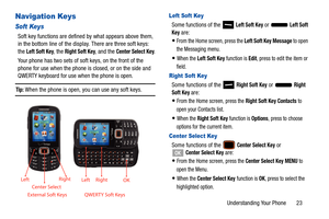 Page 28Understanding Your Phone       23
Navigation Keys
Soft Keys
Soft key functions are defined by what appears above them, 
in the bottom line of  the display. There are three soft keys: 
the 
Left Soft Key, the Right Soft Key, and the Center Select Key.
Your phone has two sets of soft keys, on the front of the 
phone for use when the phone is closed, or on the side and 
QWERTY keyboard for use when the phone is open.
Tip: When the phone is open, you can use any soft keys.
Left Soft Key
Some functions of the...