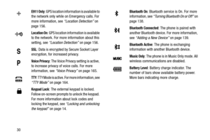 Page 3530
E911 Only: GPS location information is available to 
the network only while on Emergency calls. For 
more information, see  “Location Detection” on 
page 156.
Location On: GPS location information is available 
to the network. For more information about this 
setting, see “Location Detection”  on page 156.
SSL: Data is encrypted by Secure Socket Layer 
encryption, for increased privacy.
Voice Privacy: The Voice Privacy setting is active, 
to increase privacy of voice calls. For more 
information, see...