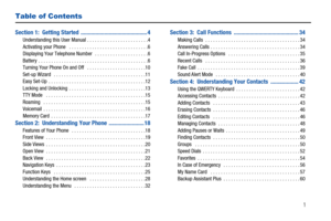 Page 6       1
Table of Contents
Section 1:  Getting Started  ............................................. 4Understanding this User Manual . . . . . . . . . . . . . . . . . . . . . . . .4
Activating your Phone   . . . . . . . . . . . . . . . . . . . . . . . . . . . . . . .6
Displaying Your Telephone Number   . . . . . . . . . . . . . . . . . . . . .6
Battery  . . . . . . . . . . . . . . . . . . . . . . . . . . . . . . . . . . . . . . . . . . .6
Turning Your Phone On and Off   . . . . . . . . . . . . . . . . ....