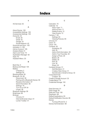 Page 119Index111
4
4G Services  52
A
About Device  108
Accessibility Settings  106
Accessories Settings  105
Accounts  33
Email  35
Gmail  34
Google  33
Social Network  40
Accounts and Sync  105
Activation  3, 108
Add an Account  105
Airplane Mode  81
Alarm and Timer  70
Application Manager  92
Apps  42
Assistant Menu  20
B
Back Key  6
Backup and Reset  104
Battery
Charging  2
Settings  92
Blocking Mode  85
Bluetooth  54, 68
Disconnect  56
Pairing with a Bluetooth Device  55
Receive Information  57
Send...