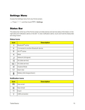 Page 23TabletBasics15
Settings Menu
Access the Settings menu from any Home screen.
 n Press , and then touch  > Settings.
Status Bar
The status bar at the top of the Home screen provides device and service status information on the 
right side and notification alerts on the left. To view notification alerts, touch and hold the Status Bar 
and drag it down.
Status Icons
IconDescription
Bluetooth® active
Connected to another Bluetooth device
Wi-Fi® active                      
Mute
Network (full signalyf 
3G...