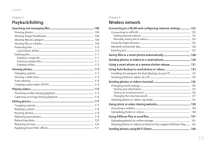 Page 1110
Contents
Chapter 3
Playback/Editing
Searching and managing files ................................................................ 108
Viewing photos ........................................................................\
...............................  108
Viewing image thumbnails ........................................................................\
.........  108
Viewing files by category ........................................................................\
............  109
Viewing files...