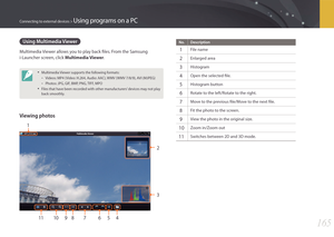 Page 166165
Connecting to external devices > Using programs on a PC
Using Multimedia Viewer
Multimedia Viewer allows you to play back files. From the Samsung 
i-Launcher screen, click Multimedia Viewer.
• Multimedia Viewer supports the following formats:
 -Videos: MP4 (Video: H.264, Audio: AAC), WMV (WMV 7/8/9), AVI (MJPEG)
 -Photos: JPG, GIF, BMP, PNG, TIFF, MPO
• Files that have been recorded with other manufacturers’ devices may not play 
back smoothly.
Viewing photos
12
3
456789
1011
No. Description
1 File...