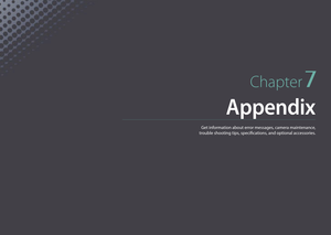 Page 169Chapter 7
Appendix
Get information about error messages, camera maintenance,  
trouble shooting tips, specifications, and optional accessories.  