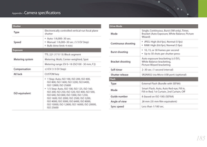 Page 186185
Appendix > Camera specifications
Shutter
Type Electronically controlled vertical-run focal plane 
shutter
Speed
• Auto: 1/6,000–30 sec.
• Manual: 1/6,000–30 sec. (1/3 EV Step)
• Bulb (time limit: 4 min)
Exposure
Metering system
TTL 221 (17 X 13) Block segment
Metering: Multi, Center-weighted, Spot
Metering range: EV 0–18 (ISO100 · 30 mm, F2)
Compensation±3 EV (1/3 EV Step)
AE lockCUSTOM key
ISO equivalent
• 1 Step: Auto, ISO 100, ISO 200, ISO 400,  
ISO 800, ISO 1600, ISO 3200, ISO 6400,  
ISO 12800,...