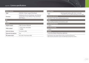 Page 189188
Appendix > Camera specifications
Wireless network
TypeIEEE 802.11b/g/n support Dual Band
Function
MobileLink, Remote Viewfinder, Auto Backup, 
Email, SNS & Cloud, AllShare Play, AutoShare, 
Wi-Fi Direct
NFC
Ye s
Interface
Digital outputUSB 2.0 (micro USB jack)
Video output• NTSC, PAL (selectable)
• HDMI
External release Yes (micro USB)
External microphoneYe s
DC power inputDC 5.0V, 1A via micro USB
Power Source
TypeRechargeable battery: BP1130 (1,130 mAh)
*  The power source may differ depending on...