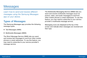Page 111101
ApplicationsMessages
Messages
Learn how to send and receive different 
messages using the Samsung Messages 
app on your device.
Types of Messages
The Samsung Messages app provides the following 
message types:
• Text Messages (SMS)
• Multimedia Messages (MMS)
The Short Message Service (SMS) lets you send 
and receive text messages to and from other mobile 
phones or email addresses. To use this feature, you 
may need to subscribe to your service provider’s 
message service. The Multimedia Messaging...