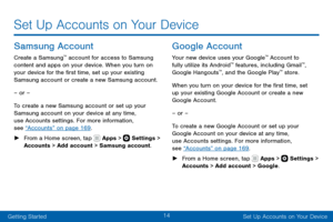 Page 2414
Getting StartedSet Up Accounts on Your Device
Set Up Accounts on Your Device
Samsung Account
Create a Samsung™ account for access to Samsung 
content and apps on your device. When you turn on 
your device for the first time, set up your existing 
Samsung account or create a new Samsung account.
– or –
To create a new Samsung account or set up your 
Samsung account on your device at any time, 
use Accounts settings. For more information, 
see “Accounts” on page 169 .
 ►From a Home screen, tap  Apps >...