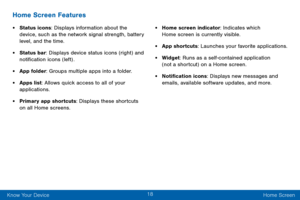Page 2818
Know Your Device Home Screen
Home Screen Features
• Status icons: Displays information about the 
device, such as the network signal strength, battery 
level, and the time.
• Status bar: Displays device status icons (right) and 
notification icons (left) .
• App folder: Groups multiple apps into a folder.
• Apps list: Allows quick access to all of your 
applications.
• Primary app shortcuts: Displays these shortcuts 
on all Home screens.
• Home screen indicator: Indicates which 
Home screen is...