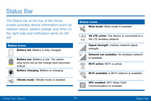 Page 3323
Know Your DeviceStatus Bar
Status Bar
The Status bar at the top of the Home 
screen provides device information (such as 
network status, battery charge, and time) on 
the right side and notification alerts on the 
left. 
Status Icons
Battery full: Battery is fully charged.
Battery low: Battery is low. The yellow 
area turns red as the charge level becomes 
critical.
Battery charging: Battery is charging.
Vibrate mode: Vibrate mode is enabled.
Status Icons
Mute mode: Mute mode is enabled.
4G LTE...