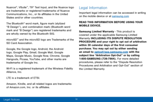 Page 6iv 
Nuance®, VSuite™, T9® Text Input, and the Nuance logo 
are trademarks or registered trademarks of Nuance 
Communications, Inc., or its affiliates in the United 
States and/or other countries.
The Bluetooth
® word mark, figure mark (stylized 
“B Design”) , and combination mark (Bluetooth word 
mark and “B Design”) are registered trademarks and 
are wholly owned by the Bluetooth SIG.
microSD
™ and the microSD logo are Trademarks of the 
SD Card Association.
Google, the Google logo, Android, the Android...