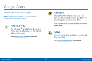 Page 7060
ApplicationsGoogle Apps
Enjoy these apps from Google.
Note : Certain apps require a Google Account.  
Visit google.com to learn more.
Android Pay
Pay with your Android phone at over one 
million store locations across the US and 
within mobile apps.
Visit android.com/pay to learn more.
Chrome
Browse the Internet and bring your open 
tabs, bookmarks and address bar data from 
your computer to your mobile device.
Visit google.com/chrome/browser/mobile to 
learn more.
Drive
Open, view, rename, and share...