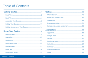Page 8vi
Getting Started ...............................................................1
Front View
 ........................................................................\
...2
Back View
 ........................................................................\
...4
Assemble Your Device
 .....................................................6
Set Up Your Device
 .........................................................11
Set Up Accounts on Your Device
 .................................14
Know Your Device...