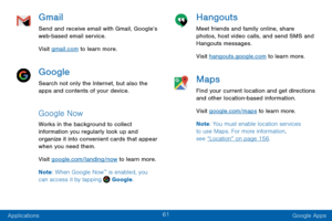 Page 7161
Applications Google Apps
Gmail
Send and receive email with Gmail, Google’s 
web-based email service.
Visit gmail.com to learn more.
Google
Search not only the Internet, but also the 
apps and contents of your device.
Google Now
Works in the background to collect 
information you regularly look up and 
organize it into convenient cards that appear 
when you need them.
Visit google.com/landing/now to learn more.
Note: When Google Now
™ is enabled, you 
can access it by tapping  Google.
Hangouts
Meet...
