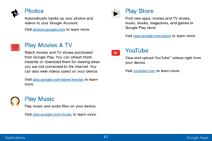 Page 7262
Applications Google Apps
Photos
Automatically backs up your photos and 
videos to your Google Account.
Visit photos.google.com to learn more.
Play Movies & TV
Watch movies and TV shows purchased 
from Google Play. You can stream them 
instantly or download them for viewing when 
you are not connected to the Internet. You 
can also view videos saved on your device.
Visit play.google.com/store/movies to learn 
more.
Play Music
Play music and audio files on your device. 
Visit play.google.com/music to...