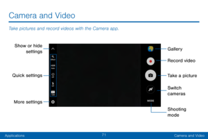 Page 8171
ApplicationsCamera and Video
Camera and Video
Take pictures and record videos with the Camera app.
Show or hide 
settings
Quick settings Record video
Take a picture
Switch 
cameras
Shooting 
mode
More settingsGallery   