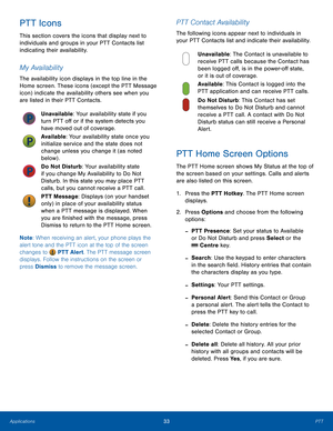 Page 3733PTTApplications
PTT Icons
This section covers the icons that display next to 
individuals and groups in your PTT Contacts list 
indicating their availability.
My Availability
The availability icon displays in the top line in the 
Home screen. These icons (except the PTT Message  
icon) indicate the availability others see when you 
are listed in their PTT Contacts.
Unavailable: Your availability state if you 
turn PTT off or if the system detects you 
have moved out of coverage.
Available: Your...