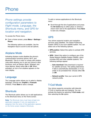 Page 6561PhoneSettings
Phone
Phone settings provide 
configuration parameters to 
Flight mode, Language, the 
Shortcuts menu, and GPS for 
location and navigation.
To access the Phone menu:
 ►From a Home screen, press Menu > Settings > 
Phone.
The following options are available. Use the 
Navigation keys to scroll to and set options.
Airplane Mode
Activating Airplane mode disables the phone’s 
communication functions (phone, Wi-Fi, and 
Bluetooth) . This is in order to comply with aviation 
rules while allowing...