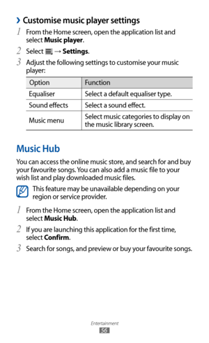 Page 56
Entertainment

56

Customise music player settings 
›
From the Home screen, open the application list and 1 
select Music player.
Select 
2 
 → Settings.
Adjust the following settings to customise your music 
3  
player:

Option Function
Equaliser Select a default equaliser type.
Sound effects Select a sound effect.
Music menu Select music categories to display on 
the music library screen.
Music Hub
You can access the online music store, and search for and buy 
your favourite songs. You can also add a...