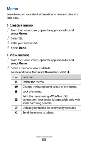 Page 74
Personal information

74
Memo
Learn to record important information to save and view at a 
later date. 
 
›Create a memo
From the Home screen, open the application list and 1 
select Memo.
Select 
2 
.
Enter your memo text.
3  
Select 4 Done.
 
›View memos
From the Home screen, open the application list and 1 
select Memo.
Select a memo to view its details.
2 
To use additional features with a memo, select 
.

Tool Function

Delete the memo.

Change the background colour of the memo. 

Lock the memo....