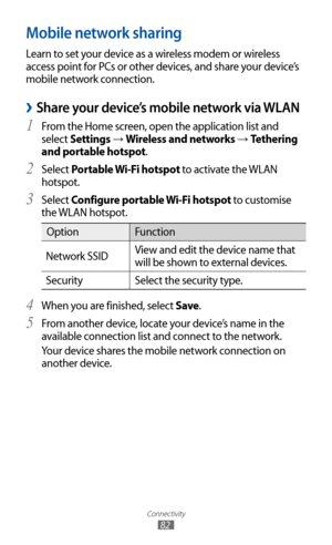 Page 82
Connectivity

82

Mobile network sharing
Learn to set your device as a wireless modem or wireless 
access point for PCs or other devices, and share your device’s 
mobile network connection.
 
›Share your device’s mobile network via WLAN
From the Home screen, open the application list and 1 
select Settings → Wireless and networks → Tethering 
and portable hotspot.
Select 
2  Portable Wi-Fi hotspot to activate the WLAN 
hotspot.
Select 
3  Configure portable Wi-Fi hotspot to customise 
the WLAN hotspot....