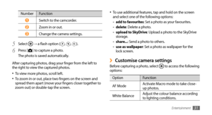 Page 31Entertainment31
To use additional features, tap and hold on the screen •	and select one of the following options:add to favourites 
-: Set a photo as your favourites.
delete 
-: Delete a photo.
upload to SkyDrive 
-: Upload a photo to the SkyDrive 
storage.
share...
 
-: Send a photo to others.
use as wallpaper 
-: Set a photo as wallpaper for the 
lock screen.
Customise camera settings ›Before capturing a photo, select  to access the following 
options:
Option Function
AF Mode Activate Macro mode to...